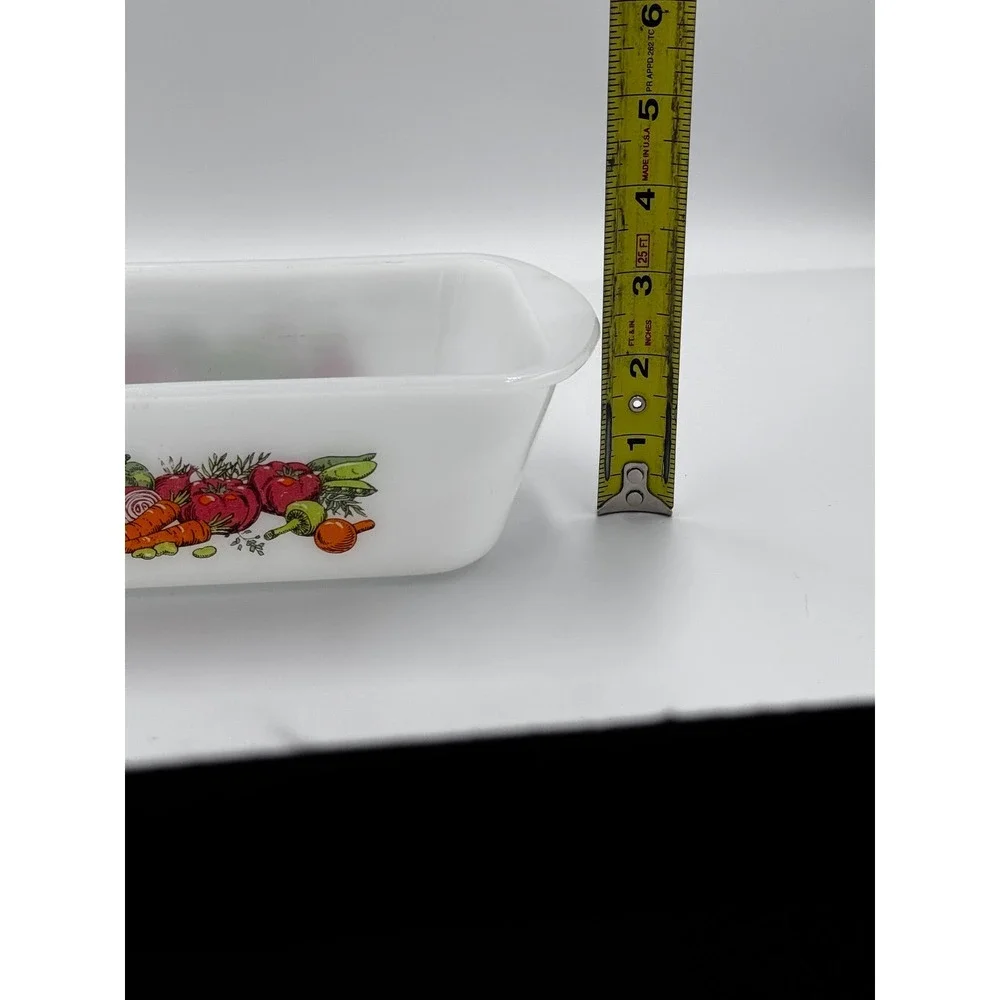 Vintage Glasbake Vegetable Pattern Loaf Pan Milk glass 1.5 Quart Made In USA